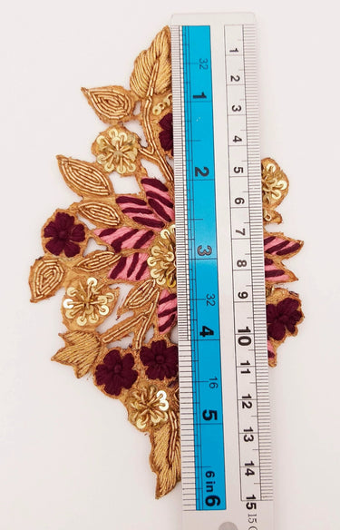 Gold and Pink Embroidered Flower Applique Patch, Floral Applique, Floral Motif